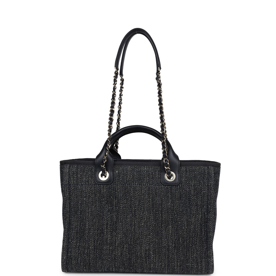 Chanel Small Deauville Shopping Tote Dark Blue Denim Light Gold Hardware