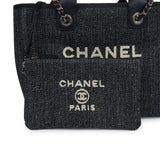 Chanel Small Deauville Shopping Tote Dark Blue Denim Light Gold Hardware