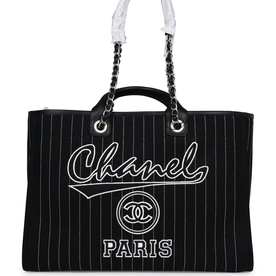 Chanel Large Deauville Shopping Tote Black and White Striped Canvas Silver Hardware