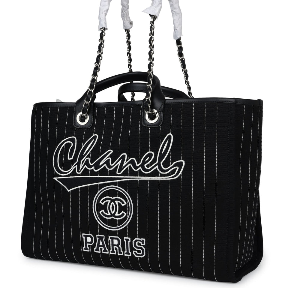 Chanel Large Deauville Shopping Tote Black and White Striped Canvas Silver Hardware
