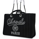 Chanel Large Deauville Shopping Tote Black and White Striped Canvas Silver Hardware