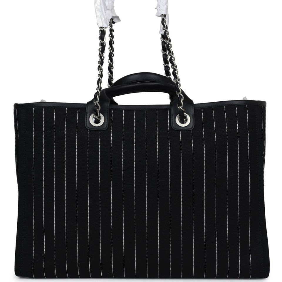 Chanel Large Deauville Shopping Tote Black and White Striped Canvas Silver Hardware