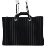 Chanel Large Deauville Shopping Tote Black and White Striped Canvas Silver Hardware