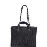 Chanel Small Striped Deauville Shopping Tote Navy Blue and White Denim Light Gold Hardware