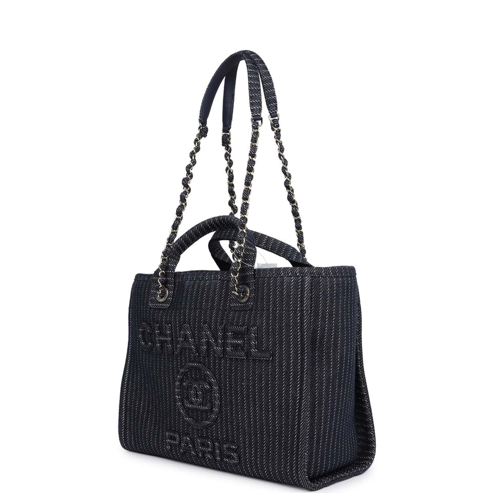 Chanel Small Striped Deauville Shopping Tote Navy Blue and White Denim Light Gold Hardware