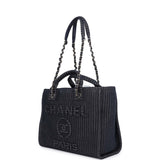 Chanel Small Striped Deauville Shopping Tote Navy Blue and White Denim Light Gold Hardware