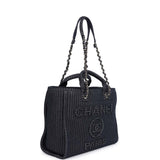 Chanel Small Striped Deauville Shopping Tote Navy Blue and White Denim Light Gold Hardware