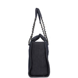 Chanel Small Striped Deauville Shopping Tote Navy Blue and White Denim Light Gold Hardware