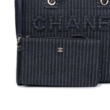 Chanel Small Striped Deauville Shopping Tote Navy Blue and White Denim Light Gold Hardware