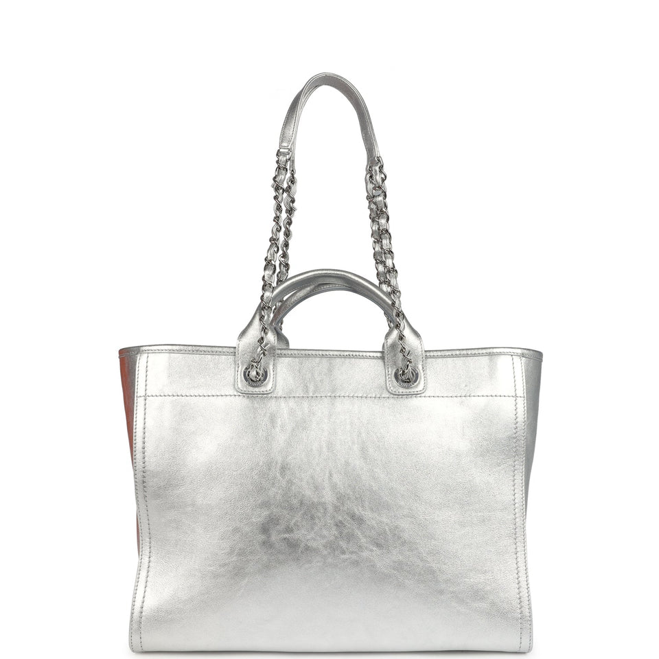 Chanel Medium Deauville Shopping Tote Metallic Silver Shiny Calfskin Silver Hardware