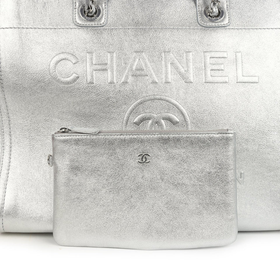 Chanel Medium Deauville Shopping Tote Metallic Silver Shiny Calfskin Silver Hardware