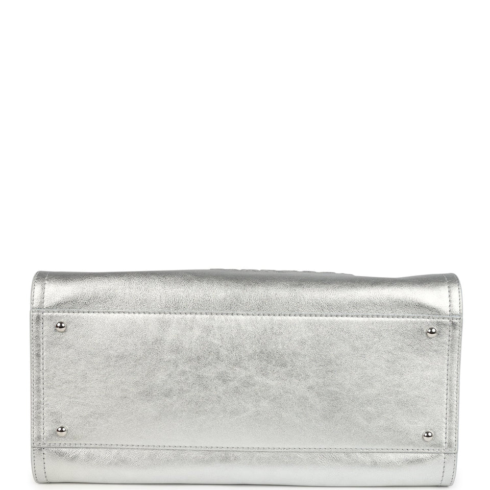 Chanel Medium Deauville Shopping Tote Metallic Silver Shiny Calfskin Silver Hardware