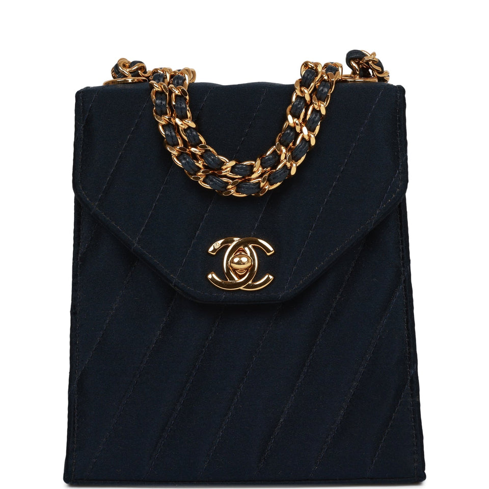 Chanel Vintage Mini Flap Bag Dark Blue Satin Gold Hardware