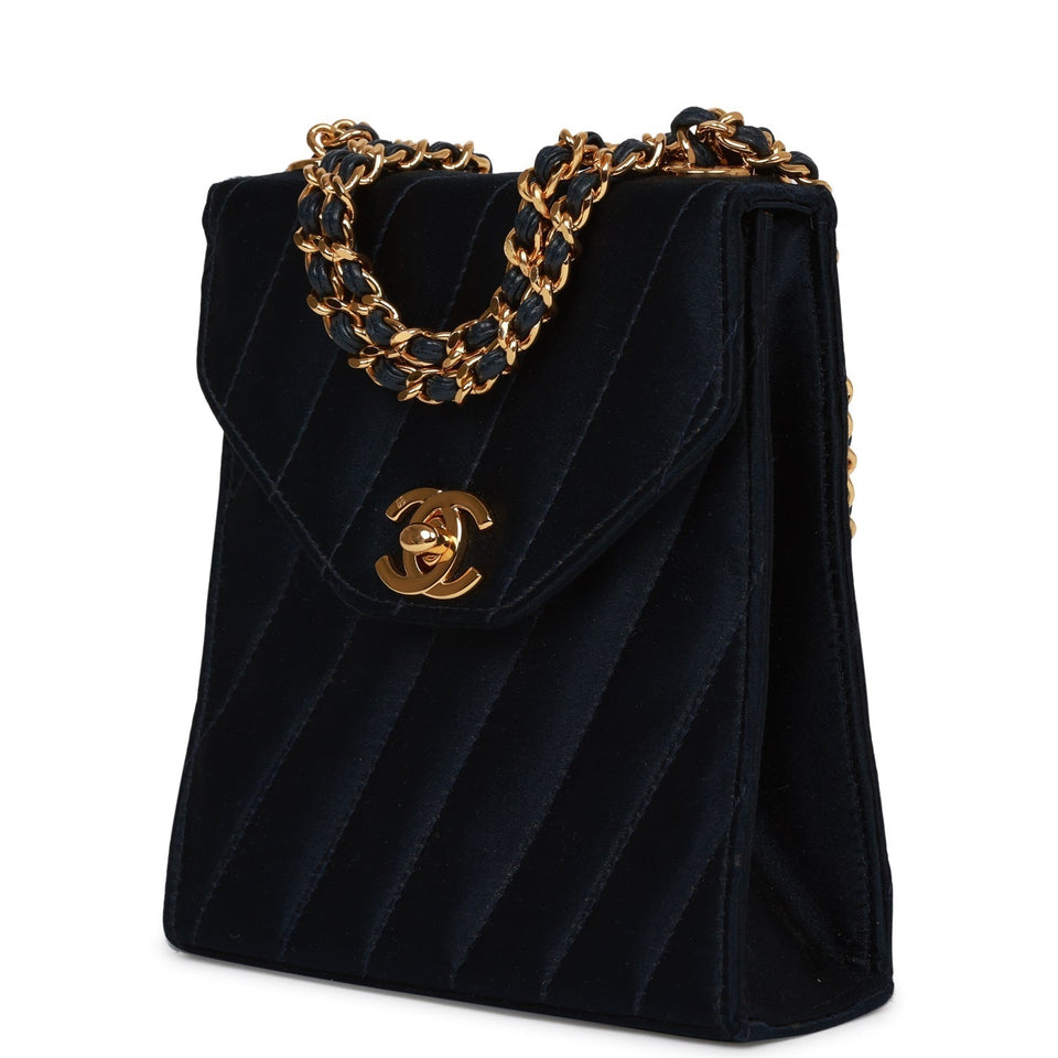 Chanel Vintage Mini Flap Bag Dark Blue Satin Gold Hardware
