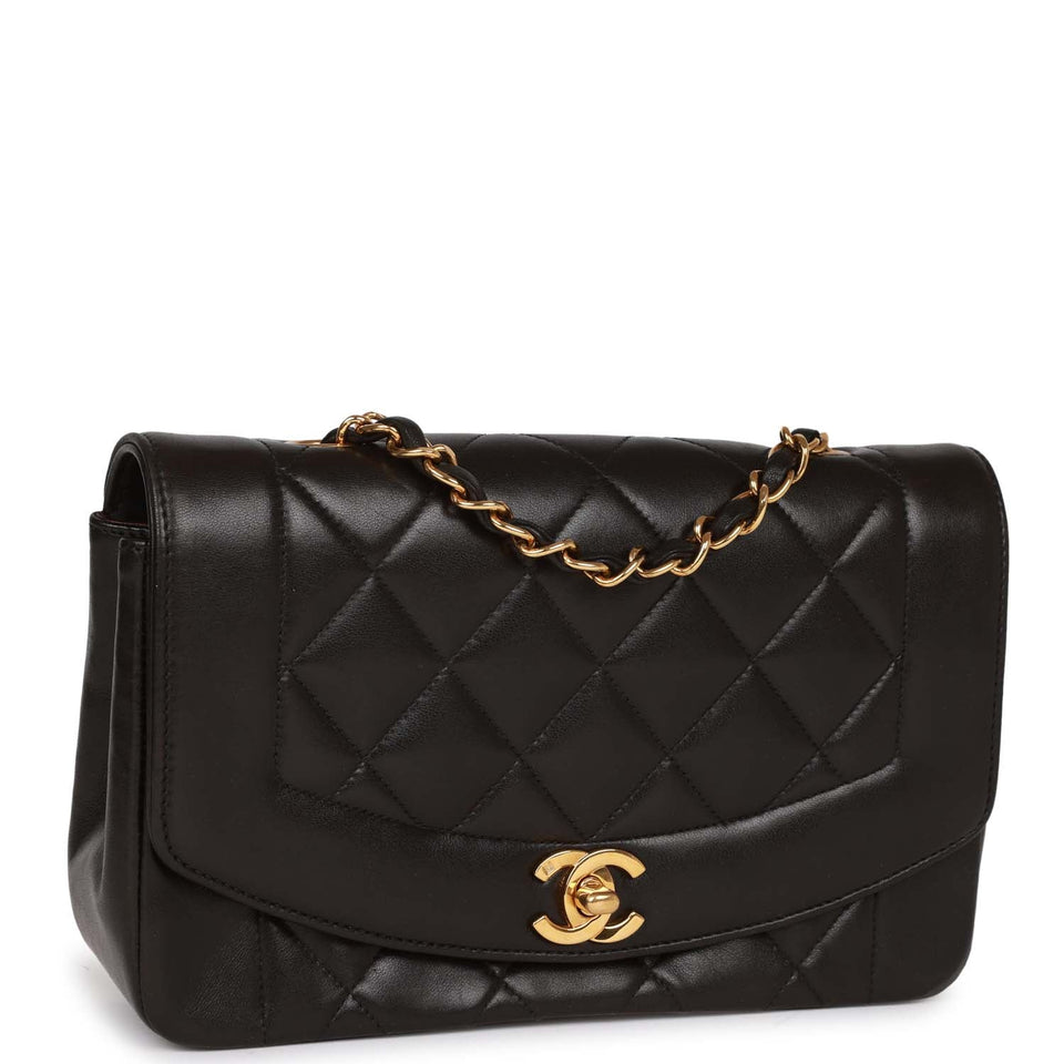 Chanel Vintage Small Diana Flap Bag Black Lambskin Gold Hardware