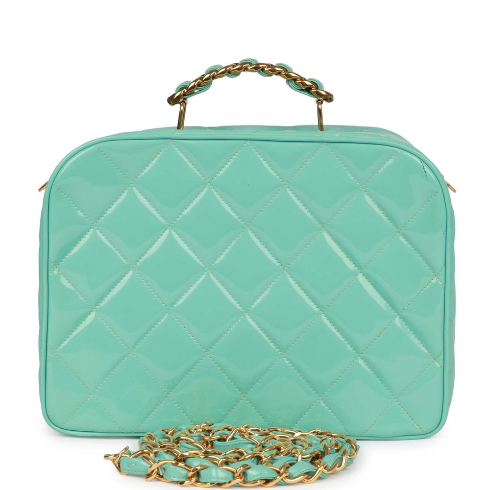Chanel Vintage Vanity Case Bag Turquoise Patent Gold Hardware