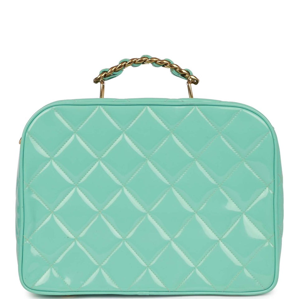 Chanel Vintage Vanity Case Bag Turquoise Patent Gold Hardware
