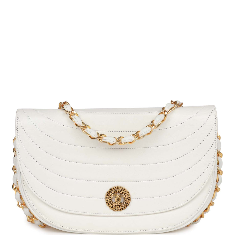 Chanel Vintage Half Moon Shoulder Bag White Lambskin Gold Hardware