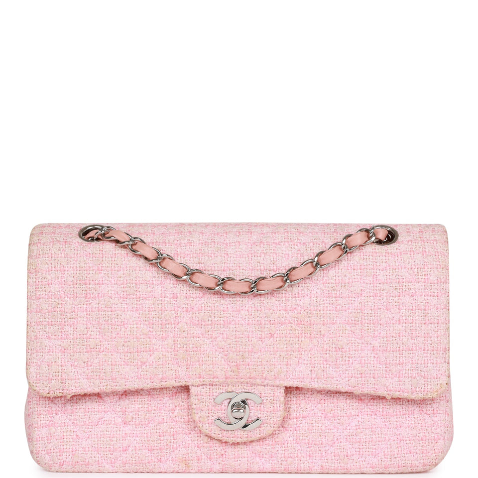 Chanel Vintage Medium Classic Double Flap Bag Pink Tweed Silver Hardware