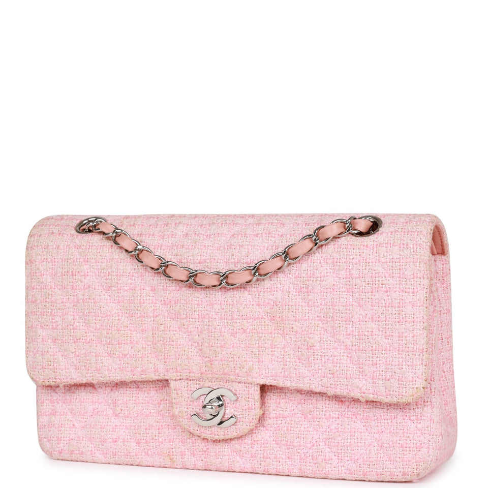 Chanel Vintage Medium Classic Double Flap Bag Pink Tweed Silver Hardware