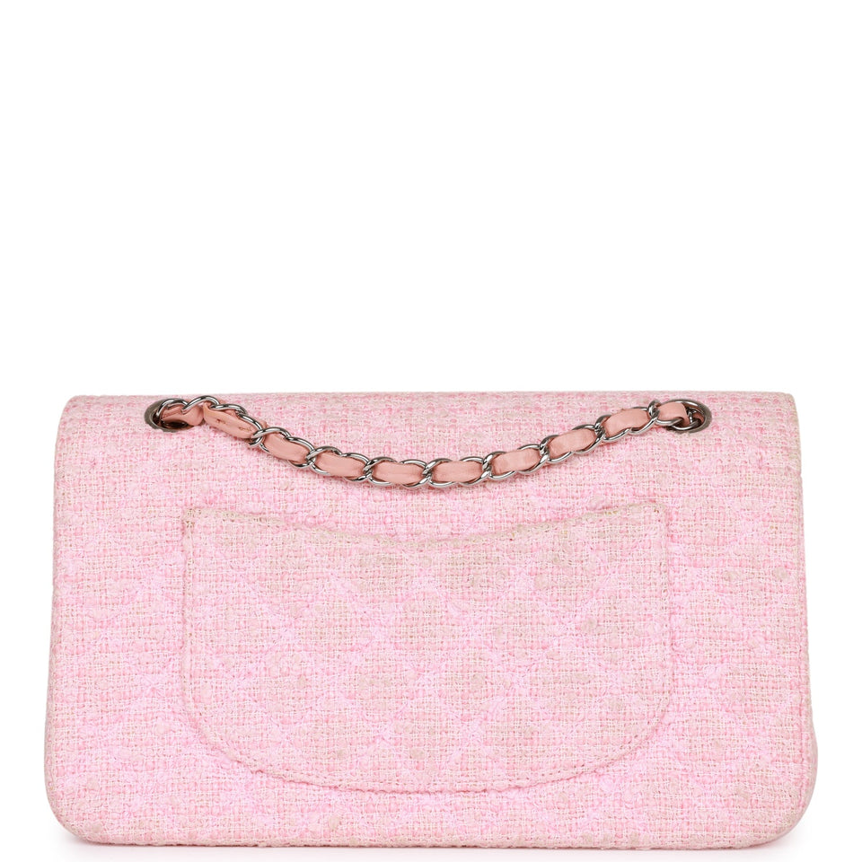 Chanel Vintage Medium Classic Double Flap Bag Pink Tweed Silver Hardware