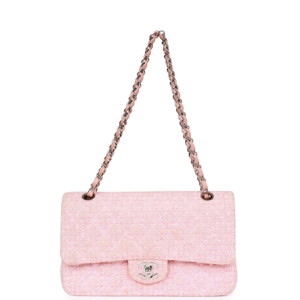 Chanel Vintage Medium Classic Double Flap Bag Pink Tweed Silver Hardware