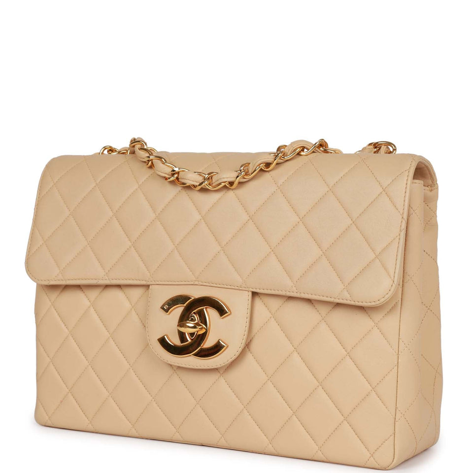 Chanel Vintage Jumbo Flap Bag Beige Lambskin Gold Hardware