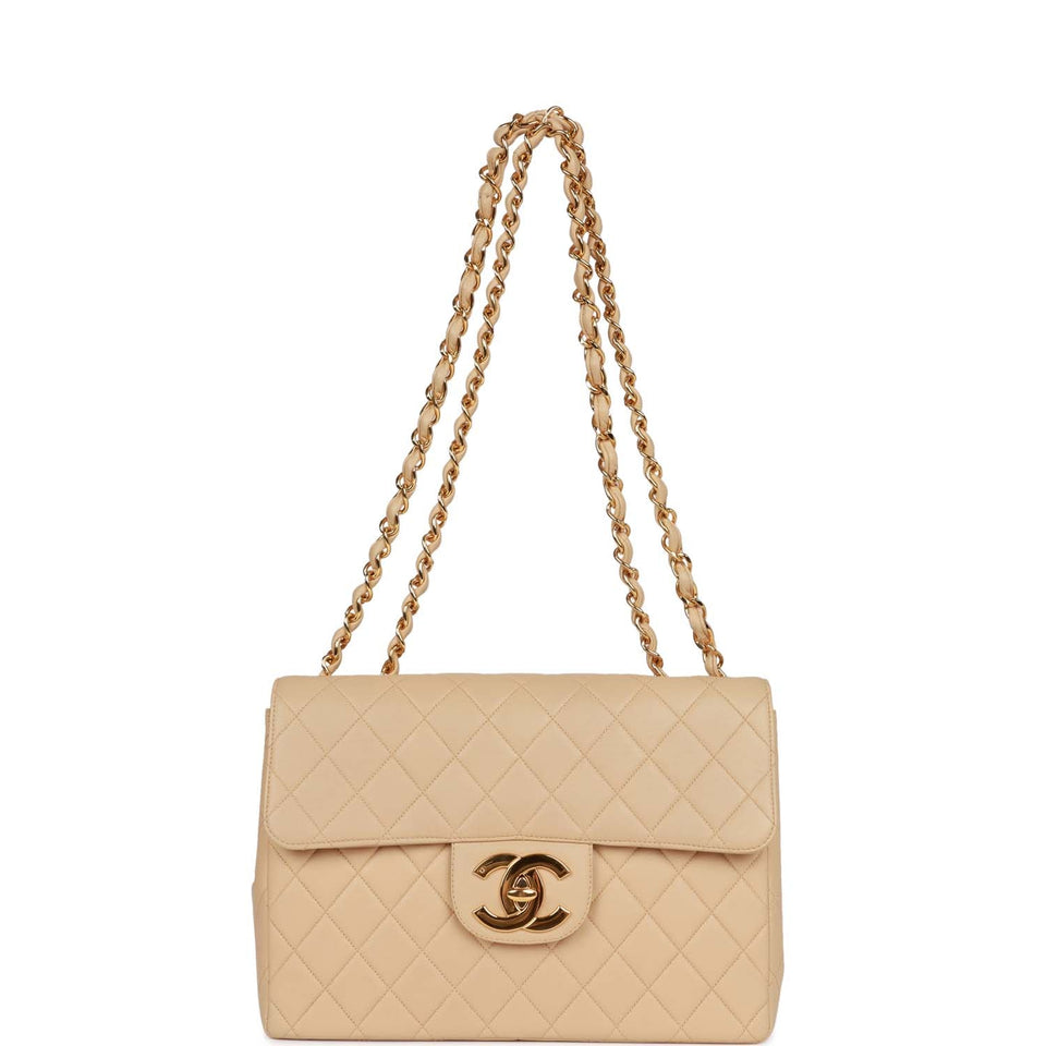 Chanel Vintage Jumbo Flap Bag Beige Lambskin Gold Hardware