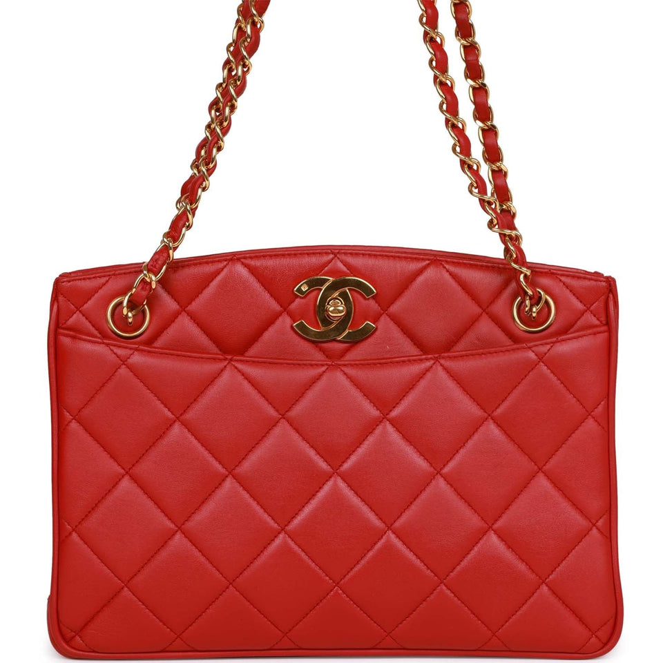 Chanel Vintage Mini Chain Tote Bag Red Lambskin Gold Hardware