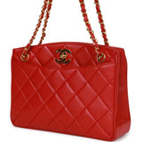 Chanel Vintage Mini Chain Tote Bag Red Lambskin Gold Hardware