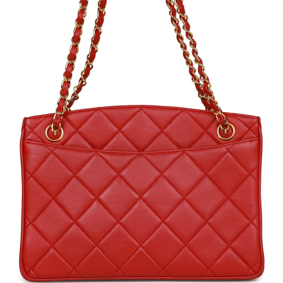 Chanel Vintage Mini Chain Tote Bag Red Lambskin Gold Hardware
