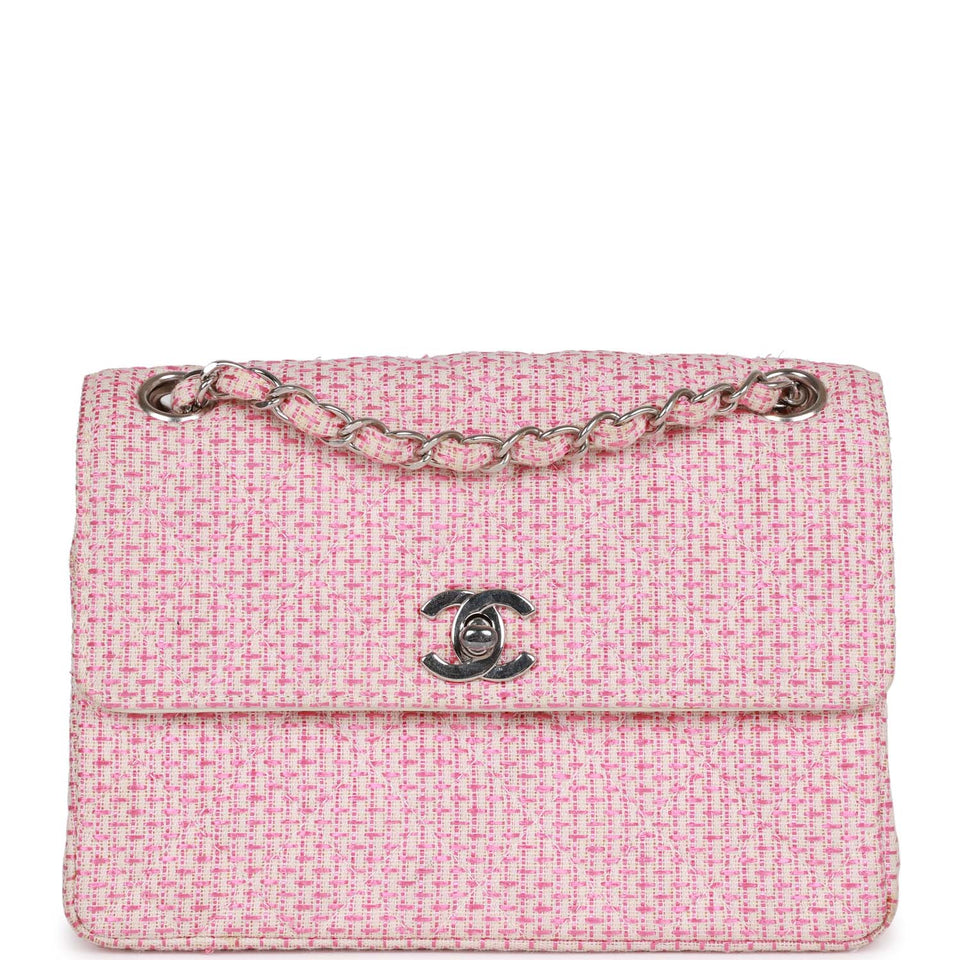 Chanel Vintage Classic Mini Flap Bag Pink Tweed Silver Hardware