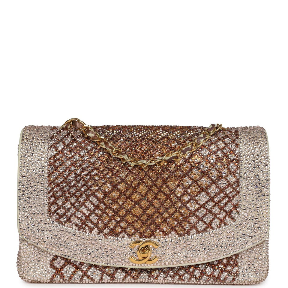 Custom Swarovski Crystal Chanel Vintage Medium Diana Flap Bag Beige Lambskin Gold Hardware