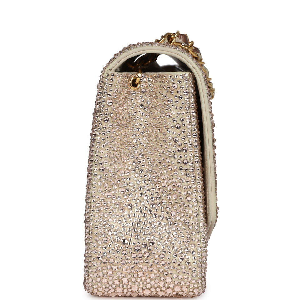 Custom Swarovski Crystal Chanel Vintage Medium Diana Flap Bag Beige Lambskin Gold Hardware
