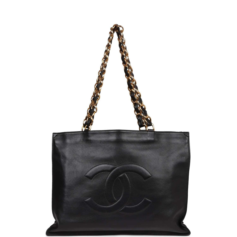 Chanel Vintage CC Chain Shopping Tote Bag Black Lambskin Gold Hardware