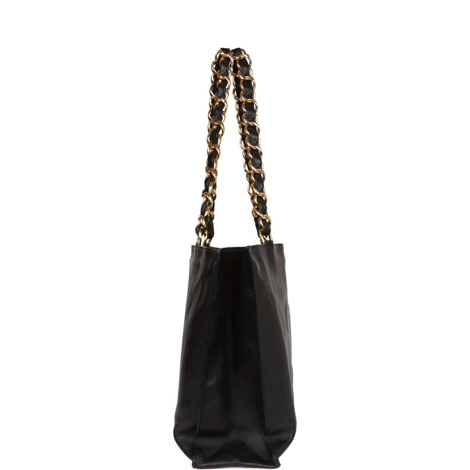 Chanel Vintage CC Chain Shopping Tote Bag Black Lambskin Gold Hardware