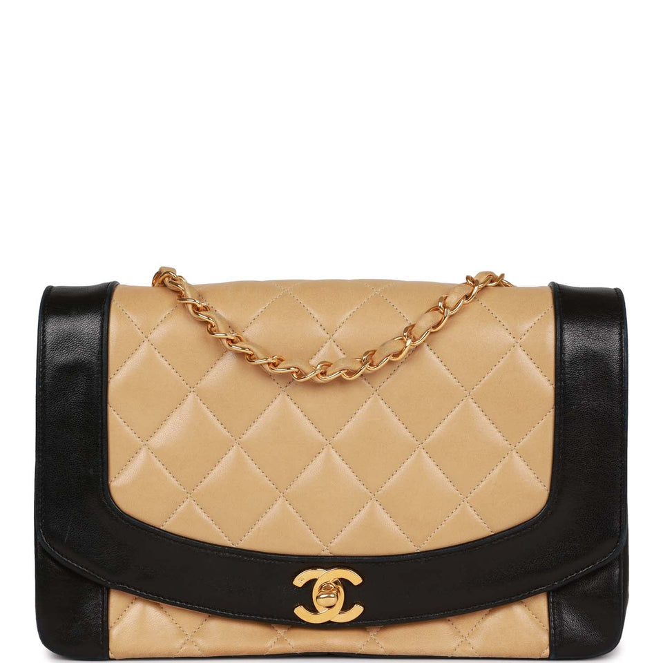 Chanel Vintage Medium Diana Flap Bag Black and Beige Lambskin Gold Hardware