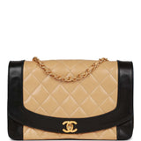 Chanel Vintage Medium Diana Flap Bag Black and Beige Lambskin Gold Hardware