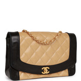 Chanel Vintage Medium Diana Flap Bag Black and Beige Lambskin Gold Hardware