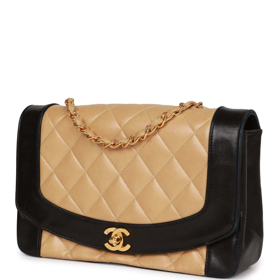 Chanel Vintage Medium Diana Flap Bag Black and Beige Lambskin Gold Hardware