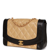 Chanel Vintage Medium Diana Flap Bag Black and Beige Lambskin Gold Hardware