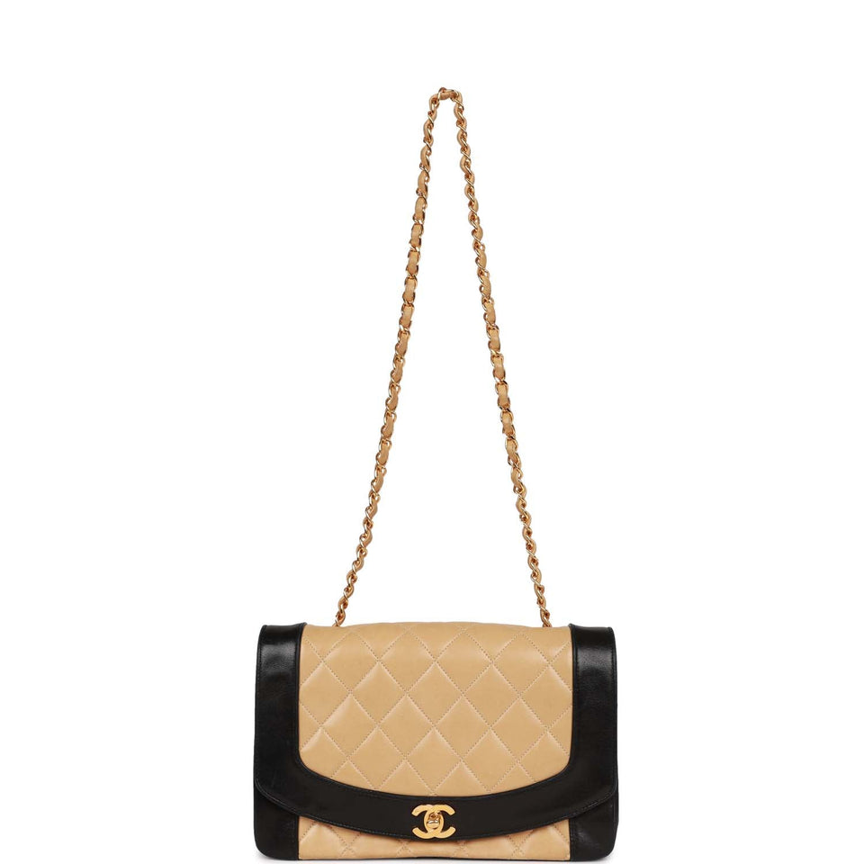 Chanel Vintage Medium Diana Flap Bag Black and Beige Lambskin Gold Hardware