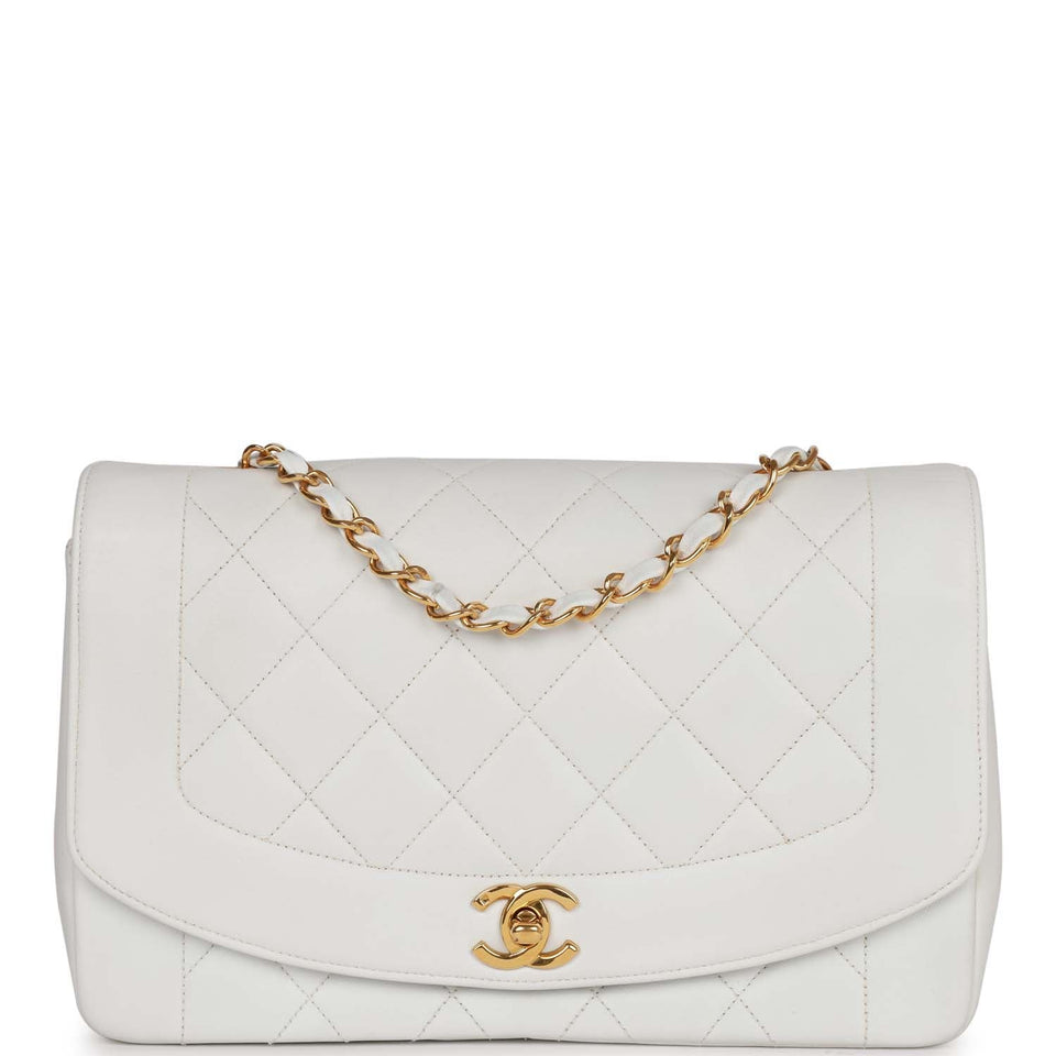 Chanel Vintage Medium Diana Flap Bag White Lambskin Gold Hardware