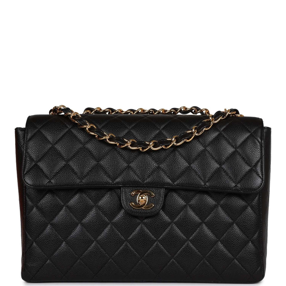 Chanel Vintage Jumbo Classic Single Flap Bag Black Caviar Gold Hardware