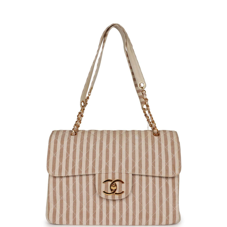 Chanel Vintage XXL Travel Flap Bag Striped Linen Gold Hardware