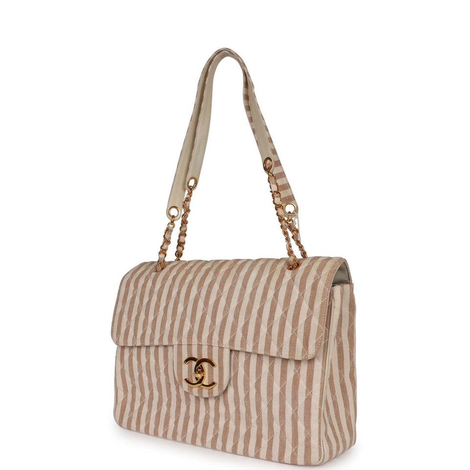 Chanel Vintage XXL Travel Flap Bag Striped Linen Gold Hardware