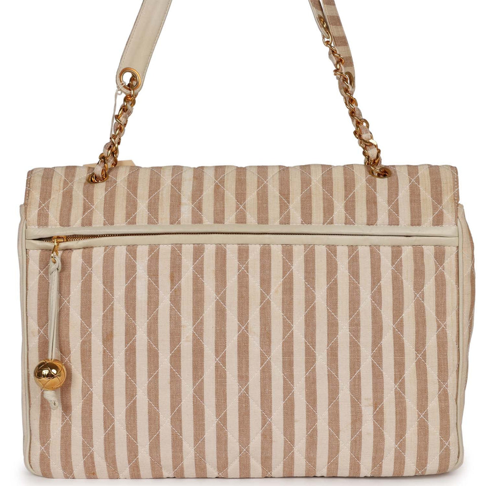 Chanel Vintage XXL Travel Flap Bag Striped Linen Gold Hardware