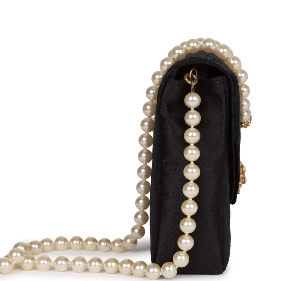 Chanel Vintage Gripoix Pearl Chain Bag Black Satin Gold Hardware