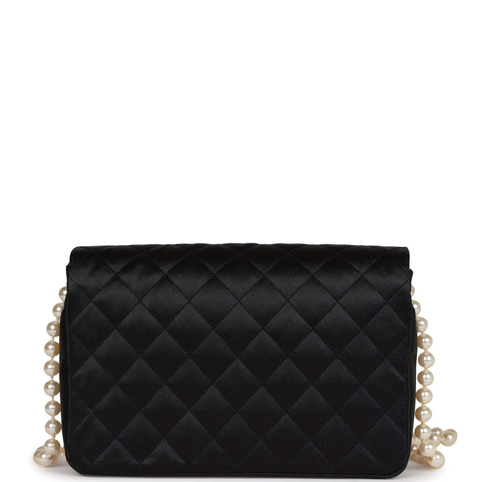 Chanel Vintage Gripoix Pearl Chain Bag Black Satin Gold Hardware
