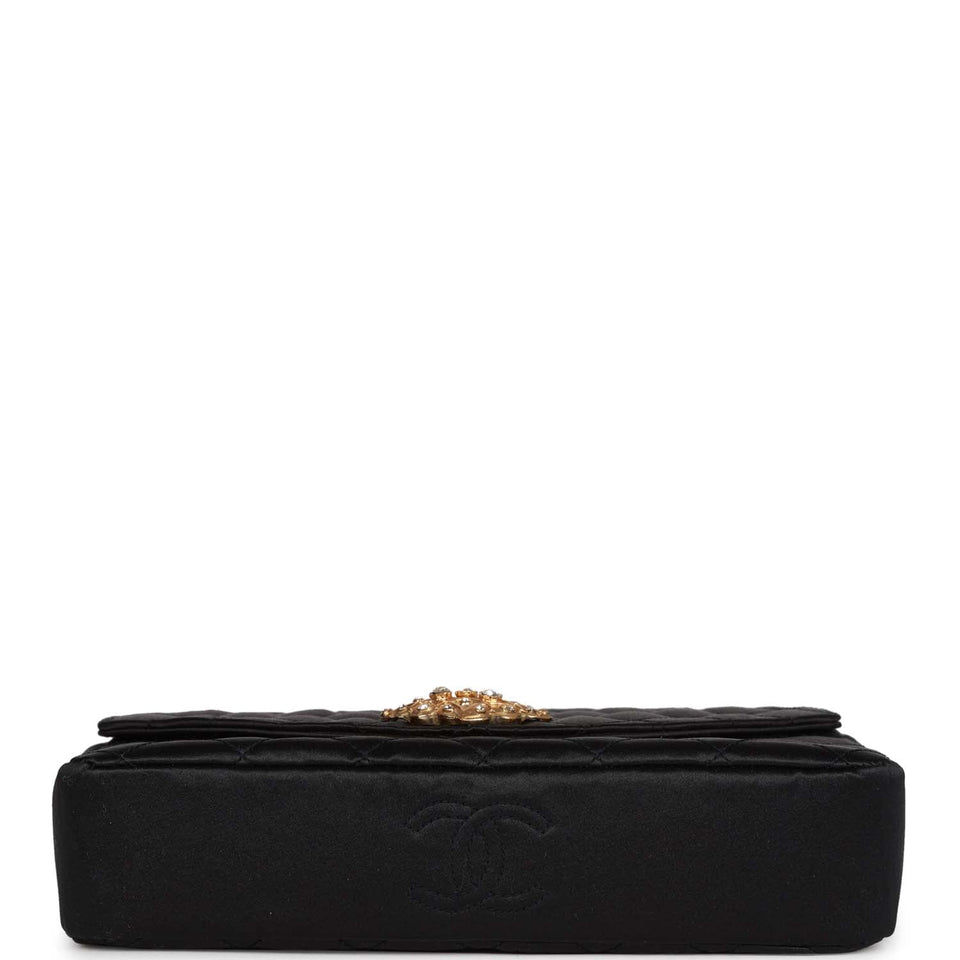 Chanel Vintage Gripoix Pearl Chain Bag Black Satin Gold Hardware